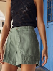 Khaki Green 100% Cotton Cargo Utility Lightweight Denim Shorts - Image 2 of 6