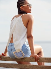Mid Blue Crochet Insert Denim 100% Cotton Shorts - Image 1 of 6
