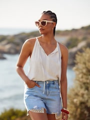 Mid Blue Crochet Insert Denim 100% Cotton Shorts - Image 2 of 6
