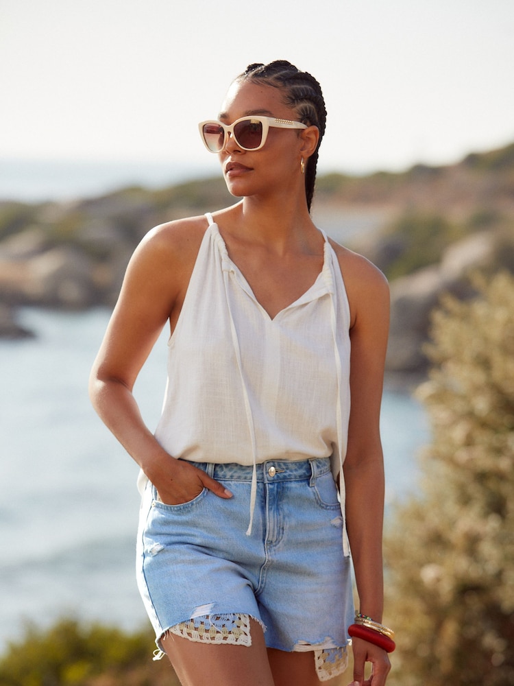 Mid Blue Crochet Insert Denim 100% Cotton Shorts - Image 2 of 6