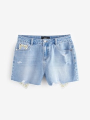 Mid Blue Crochet Insert Denim 100% Cotton Shorts - Image 5 of 6
