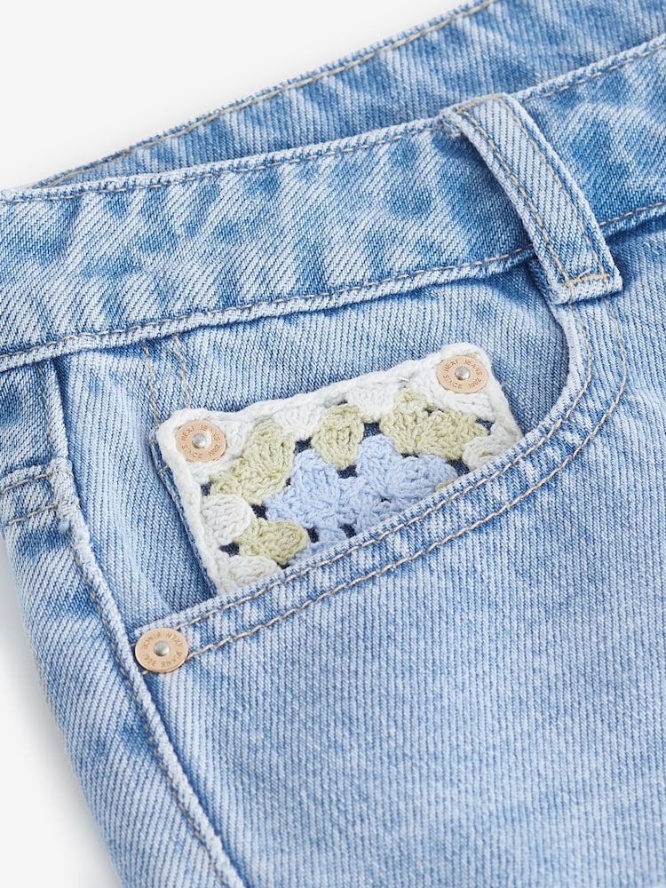 Mid Blue Crochet Insert Denim 100% Cotton Shorts - Image 6 of 6