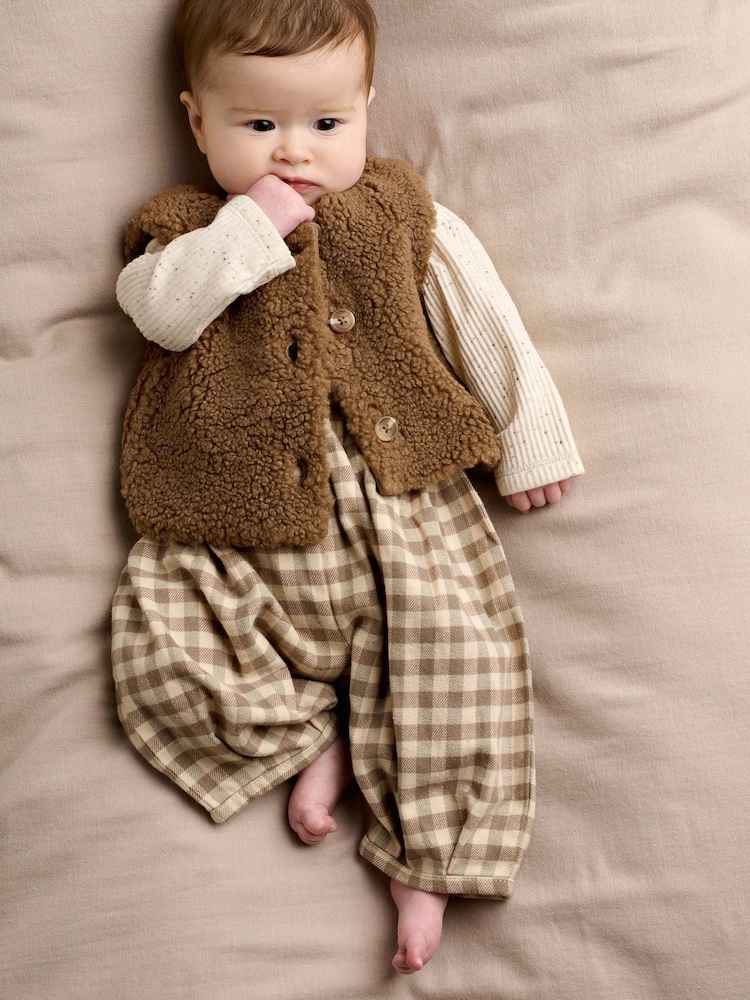 Mamas & Papas Brown Bodysuit Gilet & Gingham Trousers 3 Piece Set - Image 1 of 7 Mamas & Papas Brown Bodysuit Gilet & Gingham Trousers 3 Piece Set - Image 1 of 7