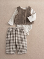 Mamas & Papas Brown Bodysuit Gilet & Gingham Trousers 3 Piece Set - Image 4 of 7