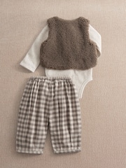 Mamas & Papas Brown Bodysuit Gilet & Gingham Trousers 3 Piece Set - Image 5 of 7