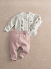 Mamas & Papas Pink Emb Knit Cardi & Legging Set 2 Piece - Image 5 of 8