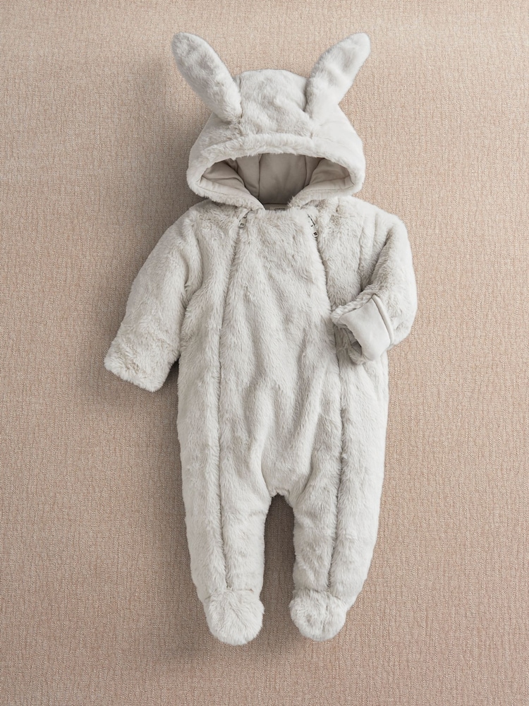 Mamas & Papas Grey Faux Fur Pramsuit with Bunny Ears - Image 1 of 4 Mamas & Papas Grey Faux Fur Pramsuit with Bunny Ears - Image 1 of 4