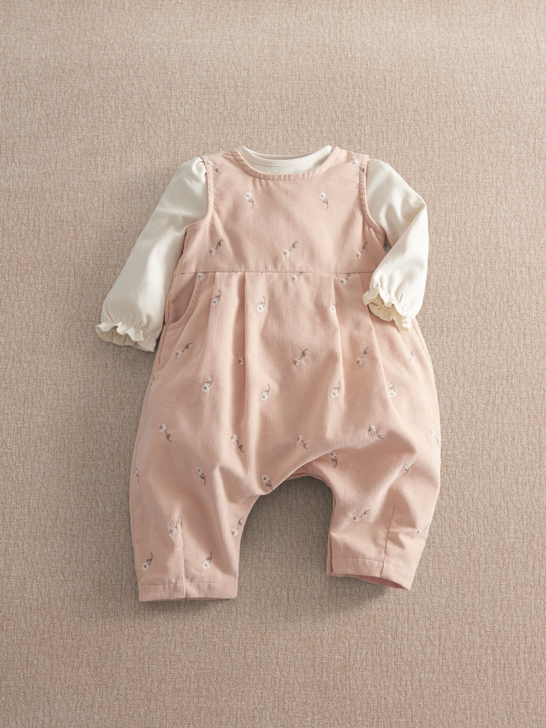 Mamas & Papas Unisex Newborn Pink Daisy Embroidered Cord Romper & Bodysuit Set - Image 1