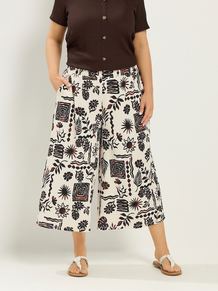 Yours Curve Natural Sun Print Crinkle Culottes - Image 1 of 5 Yours Curve Natural Sun Print Crinkle Culottes - Image 1 of 5