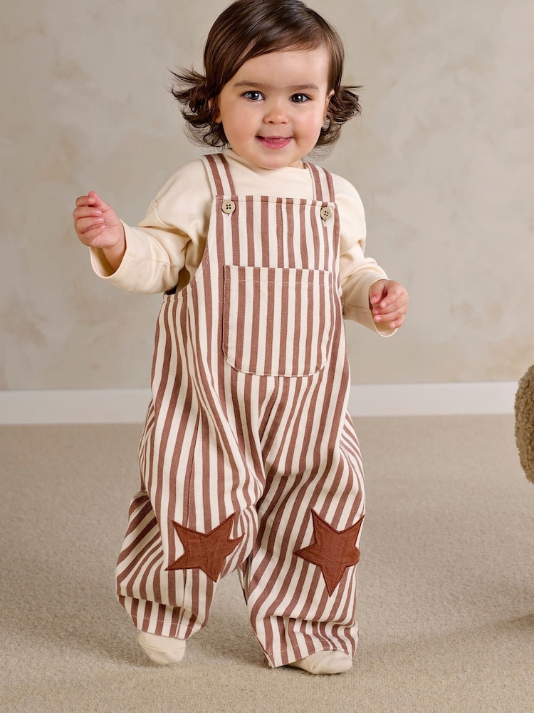 Mamas & Papas Stripe Dungarees with Star Knee Patches & Long Sleeve Top Set - სურათი 1 7-დან