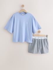 self. Blue Check Slogan Pyjamas Shorts Set - Image 1 of 3