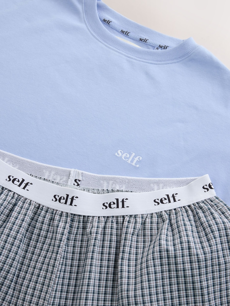 self. Blue Check Slogan Pyjamas Shorts Set - Image 3 of 3 self. Blue Check Slogan Pyjamas Shorts Set - Image 3 of 3