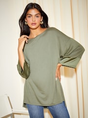 Friends Like These Khaki Green Petite Soft Jersey Long Sleeve Satin Trim Tunic Top - Image 1 of 4