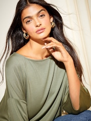 Friends Like These Khaki Green Petite Soft Jersey Long Sleeve Satin Trim Tunic Top - Image 3 of 4