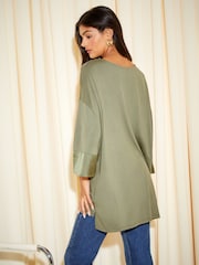 Friends Like These Khaki Green Petite Soft Jersey Long Sleeve Satin Trim Tunic Top - Image 4 of 4