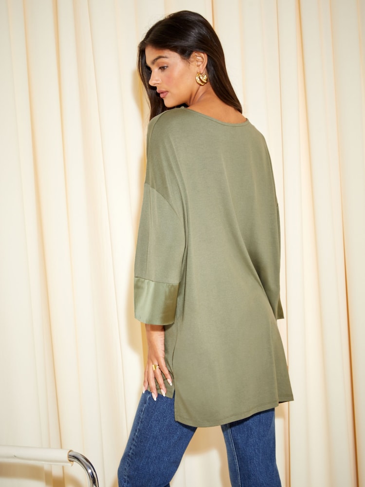 Friends Like These Khaki Green Petite Soft Jersey Long Sleeve Satin Trim Tunic Top - Image 4 of 4