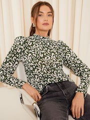 Friends Like These Green Long Sleeve Textured Jersey High Neck Blouse - Image 1 of 4