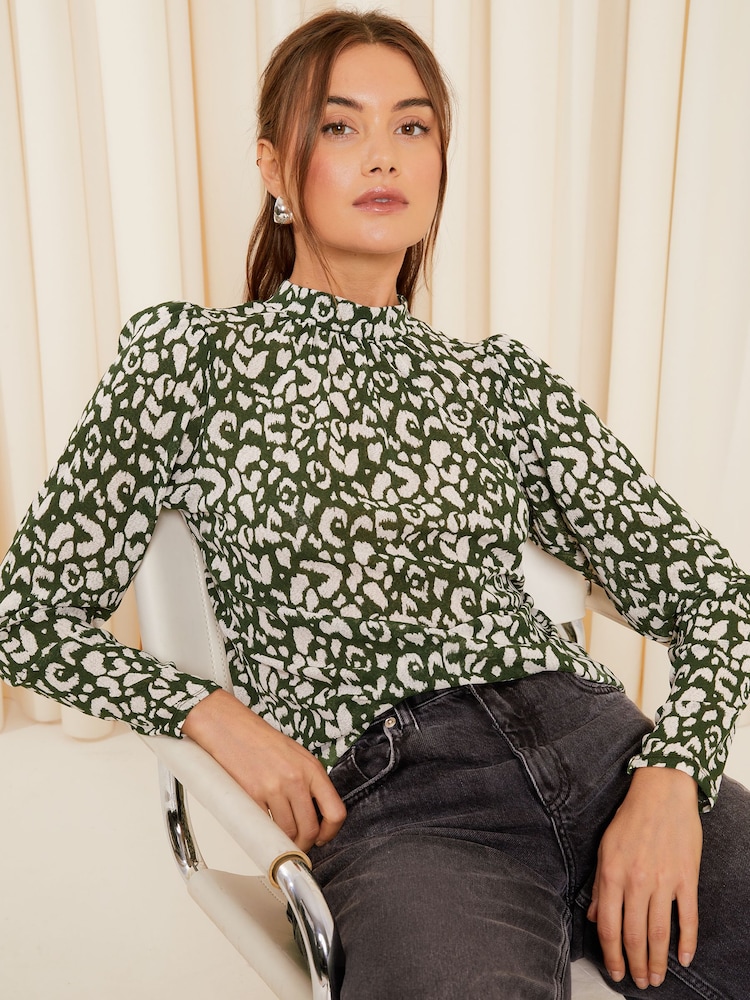 Friends Like These Green Long Sleeve Textured Jersey High Neck Blouse - Image 1 of 4 Friends Like These Green Long Sleeve Textured Jersey High Neck Blouse - Image 1 of 4