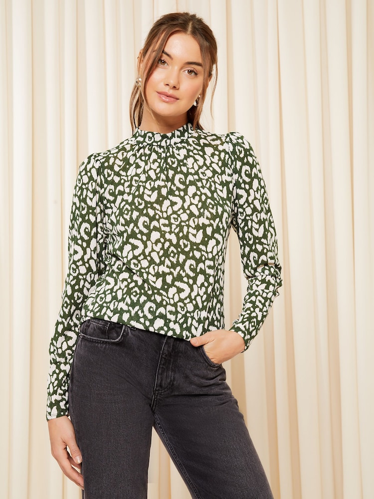 Friends Like These Green Long Sleeve Textured Jersey High Neck Blouse - Image 2 of 4 Friends Like These Green Long Sleeve Textured Jersey High Neck Blouse - Image 2 of 4