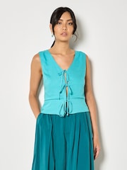 Apricot Green Tie Front Linen Waistcoat - Image 1 of 4
