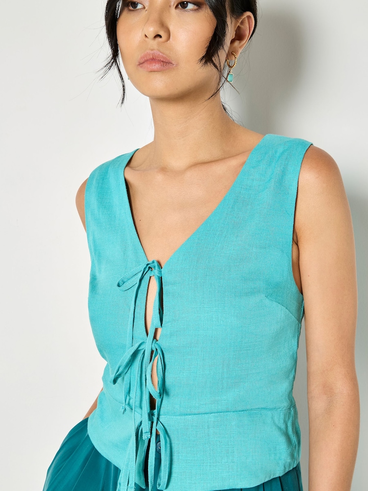 Apricot Green Tie Front Linen Waistcoat - Image 4 of 4