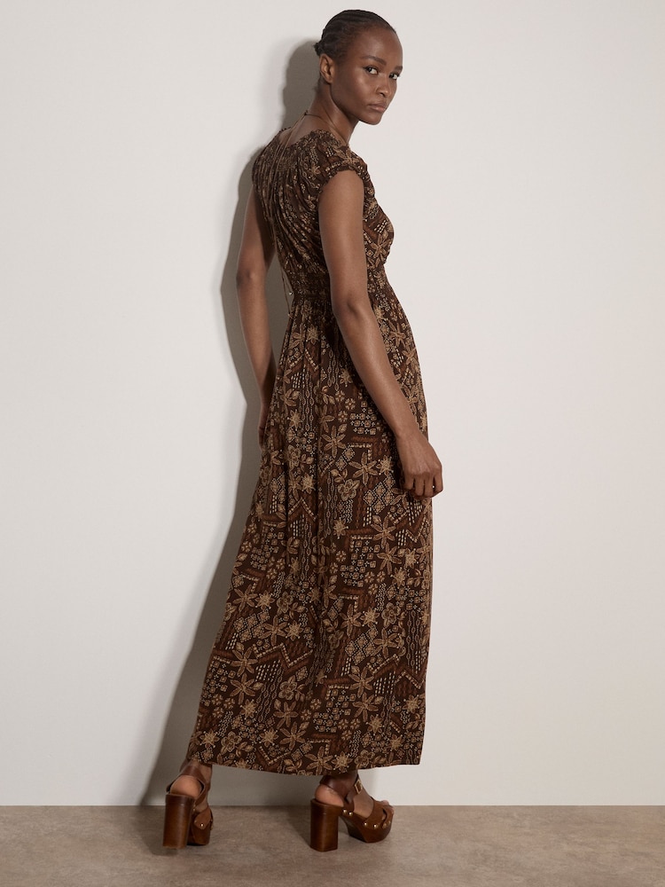 Apricot Brown Batik Floral Smocked Maxi Dress - Image 2 of 4