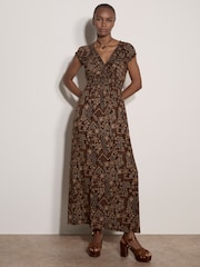 Apricot Brown Batik Floral Smocked Maxi Dress - Image 3 of 4