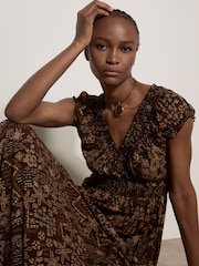 Apricot Brown Batik Floral Smocked Maxi Dress - Image 4 of 4