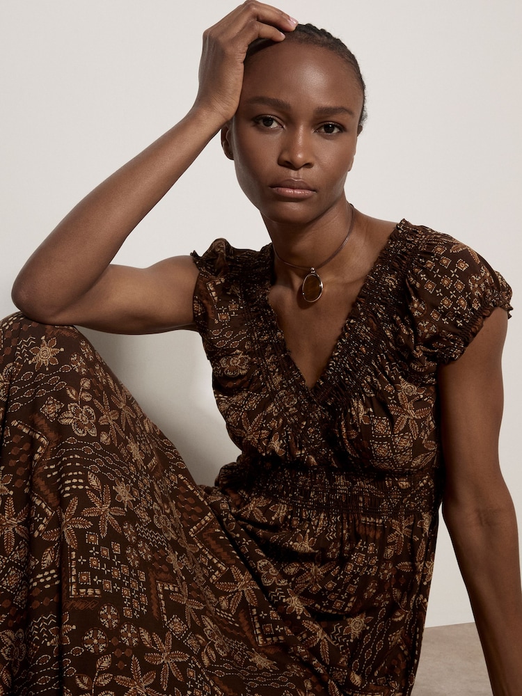 Apricot Brown Batik Floral Smocked Maxi Dress - Image 4 of 4