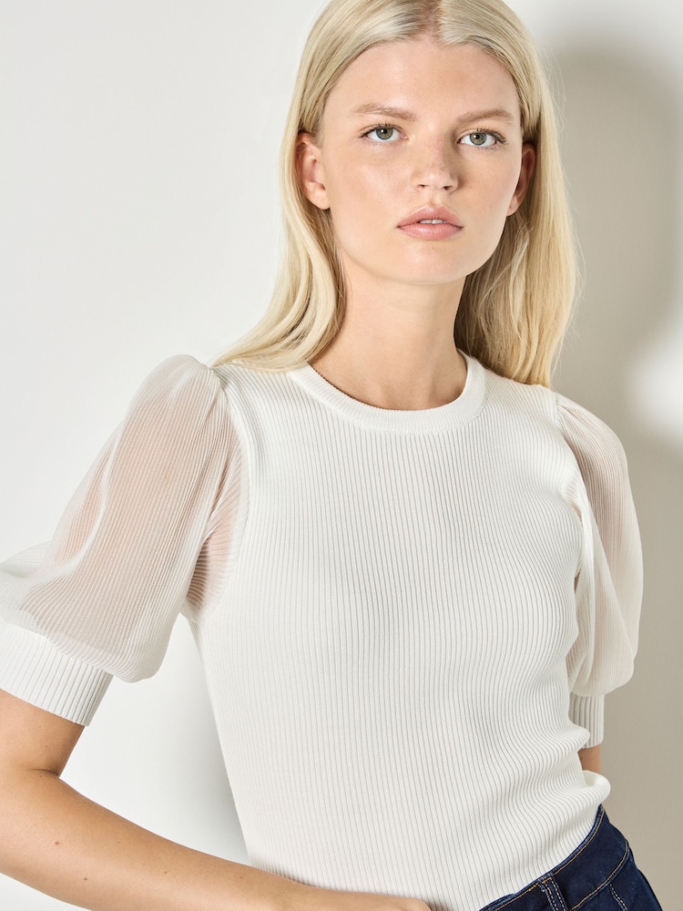 Apricot White Plisse Sleeve Rib Knit Top - Image 1 of 4