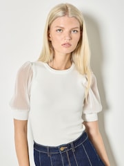 Apricot White Plisse Sleeve Rib Knit Top - Image 3 of 4