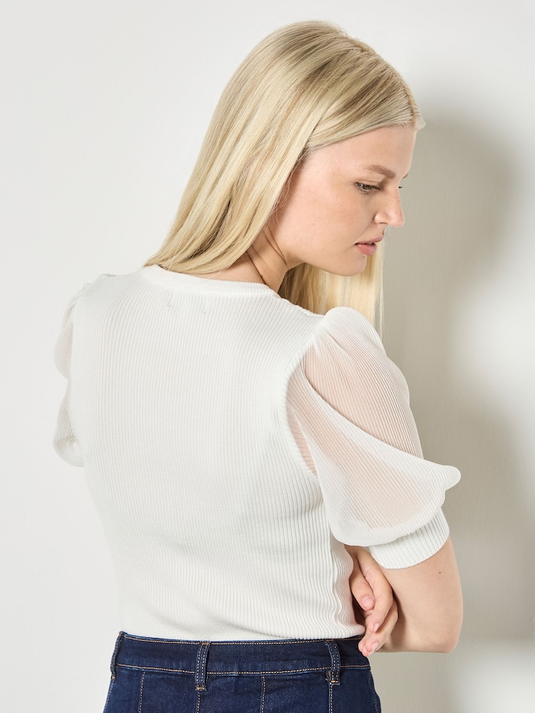 Apricot White Plisse Sleeve Rib Knit Top - Image 4 of 4