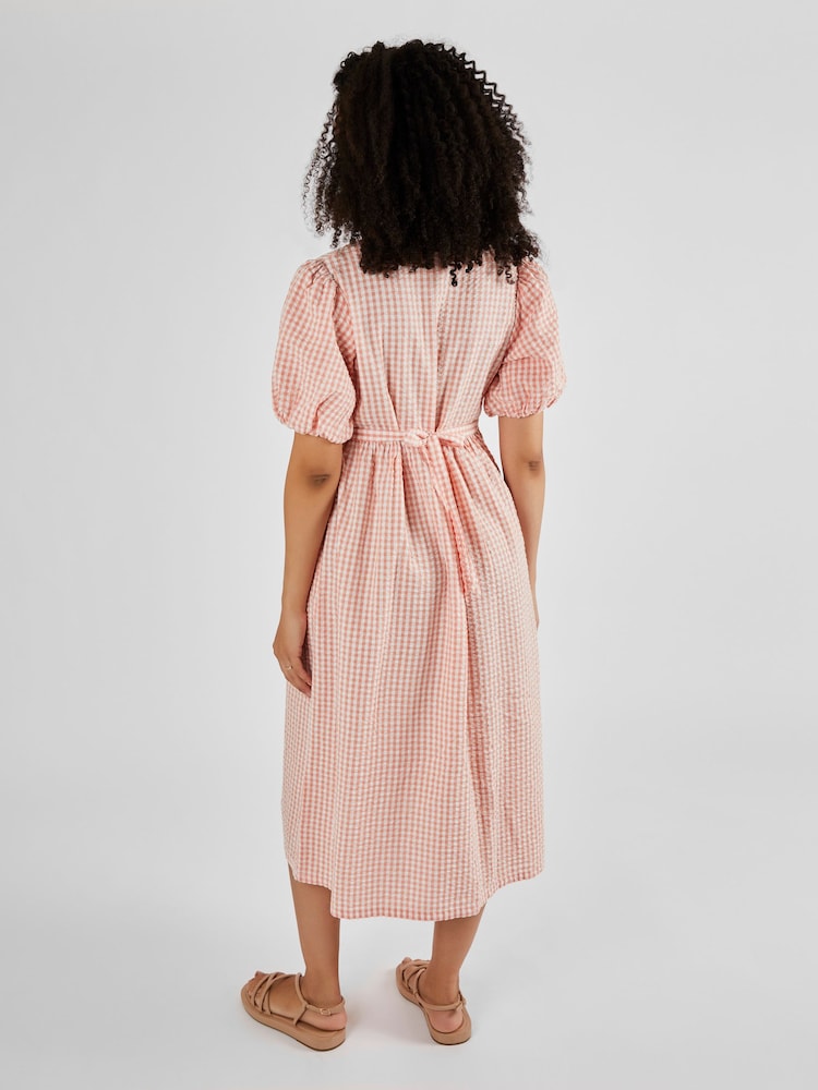 JoJo Maman Bébé Coral Gingham Puff Sleeve Maternity Midi Dress - Image 2 of 4