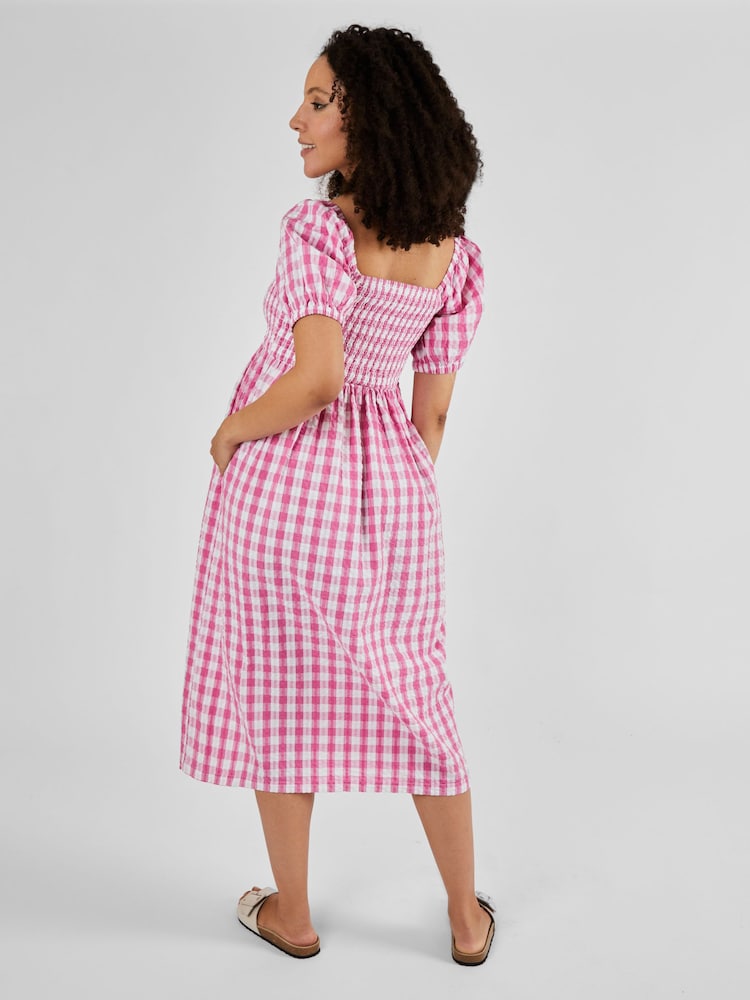 JoJo Maman Bébé Pink Gingham Shirred Maternity Midi Dress - Image 2 of 5