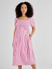JoJo Maman Bébé Pink Gingham Shirred Maternity Midi Dress - Image 3 of 5