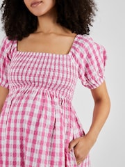 JoJo Maman Bébé Pink Gingham Shirred Maternity Midi Dress - Image 4 of 5