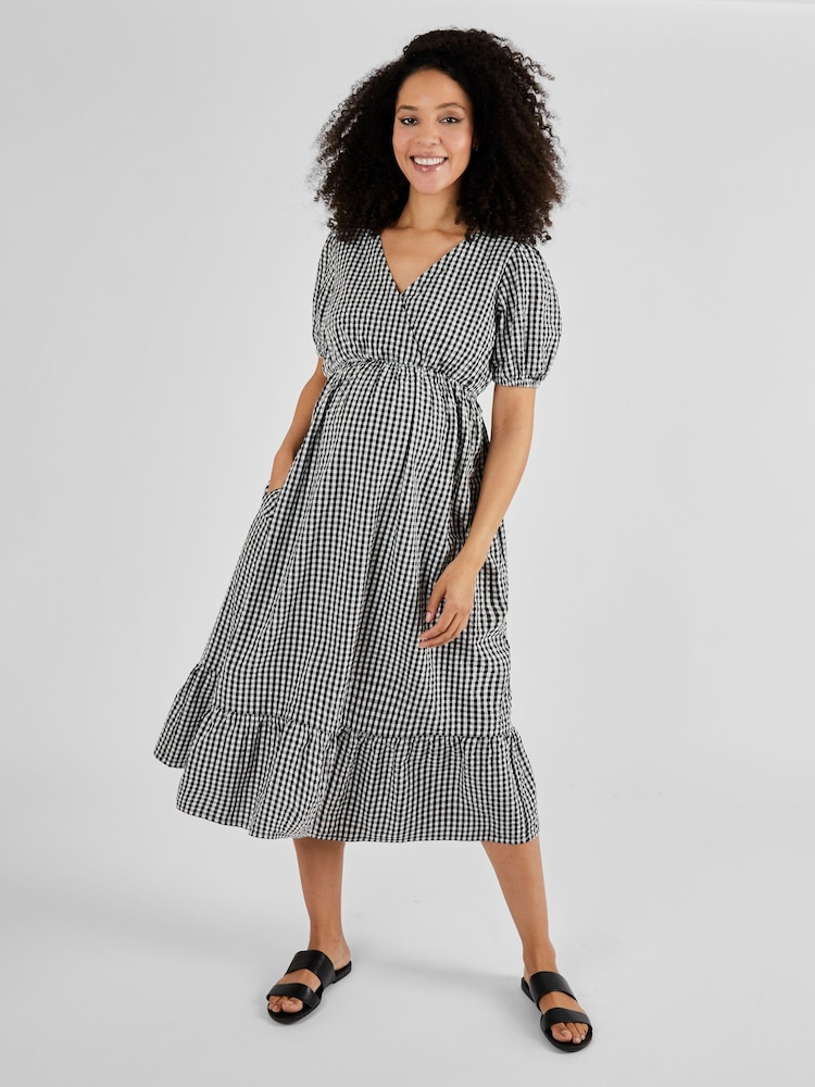 JoJo Maman Bébé Black Gingham Print Maternity Midi Dress - Image 1 of 5