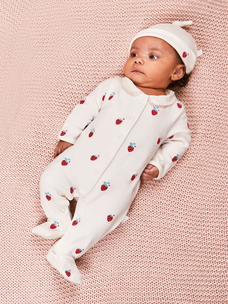 JoJo Maman Bébé White Strawberry Embroidered Cotton Baby Hat - Image 1 of 4