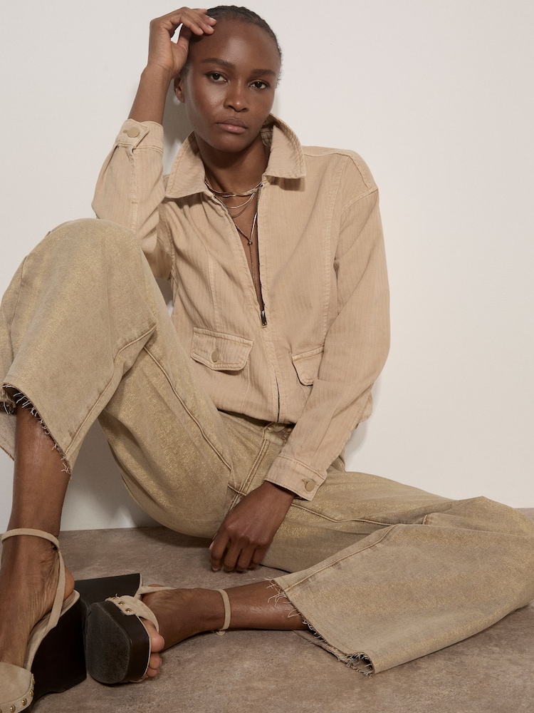 Apricot Natural Herringbone Cotton Bomber Jacket - Image 1 of 6