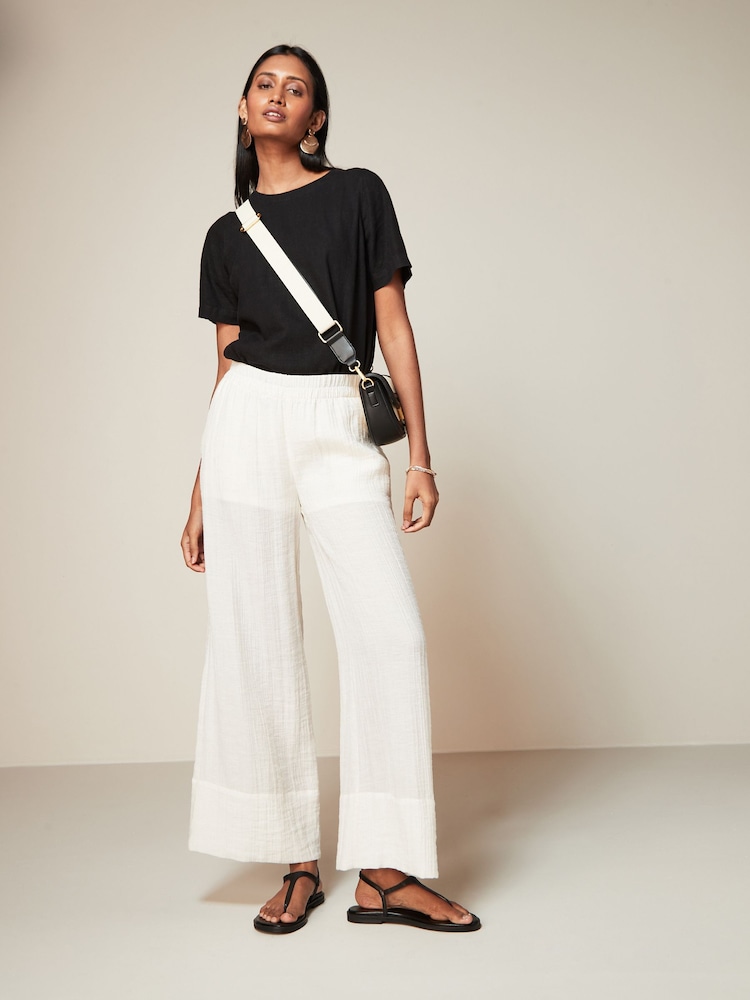 Ecru Textured Sheer Wide Leg Trouser - Image 1 of 6 Ecru Textured Sheer Wide Leg Trouser - Image 1 of 6