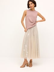 Neutral Sparkle Mesh Midi Skirt - Image 1 of 6