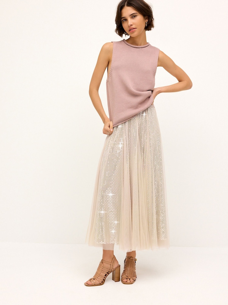 Neutral Sparkle Mesh Midi Skirt - Image 1 of 6