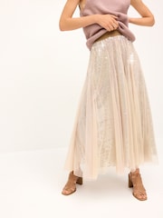 Neutral Sparkle Mesh Midi Skirt - Image 2 of 6