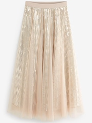 Neutral Sparkle Mesh Midi Skirt - Image 5 of 6