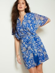 Blue Chiffon Mini Wrap Dress - Image 1 of 6