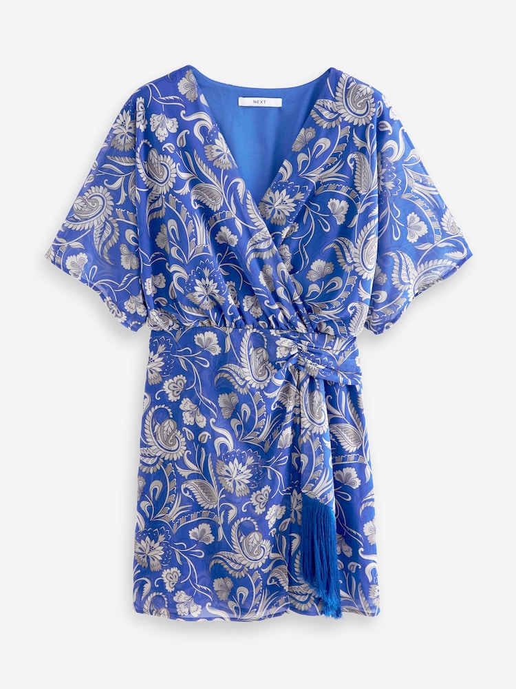 Blue Chiffon Mini Wrap Dress - Image 2 of 6