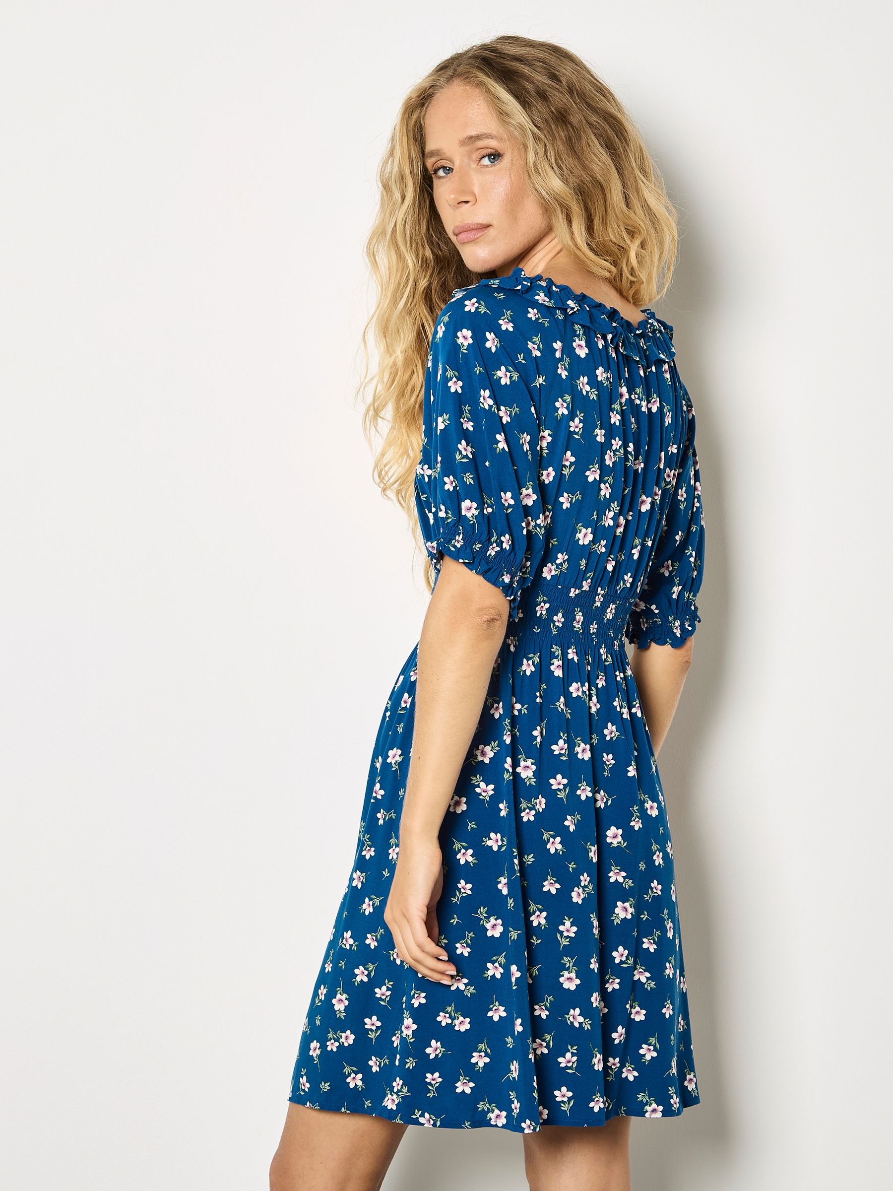 Buy Apricot Blue Floral Ruffle Milkmaid Mini Dress from the Next