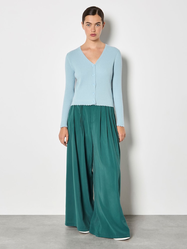 Apricot Blue Ribbed Knit Scalloped Cardigan - Image 1 of 4 Apricot Blue Ribbed Knit Scalloped Cardigan - Image 1 of 4