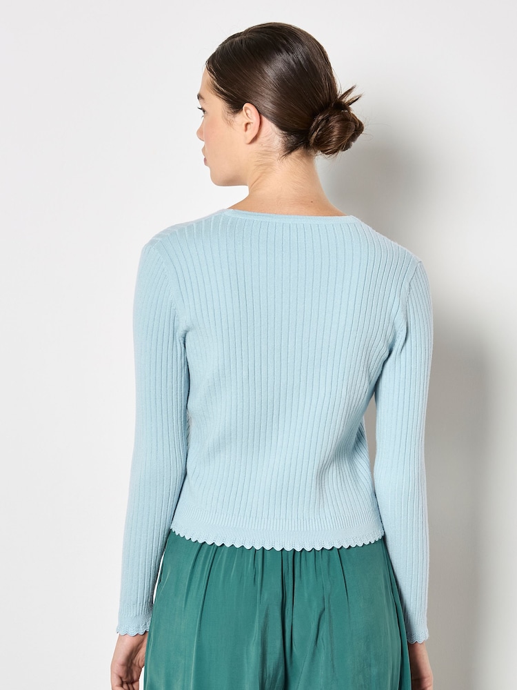 Apricot Blue Ribbed Knit Scalloped Cardigan - Image 4 of 4 Apricot Blue Ribbed Knit Scalloped Cardigan - Image 4 of 4