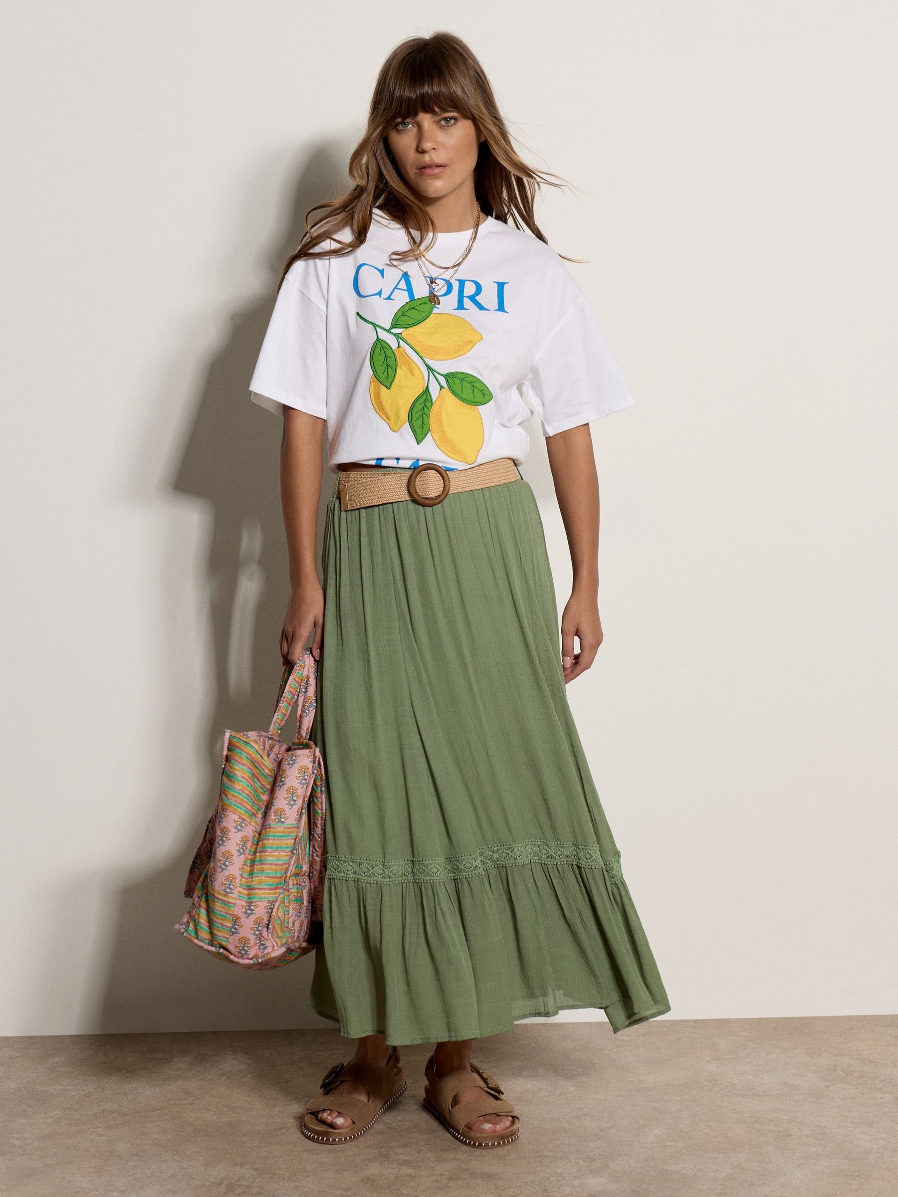 Buy Apricot Green Lace Insert Belted Midi Skirt from the Next UK
